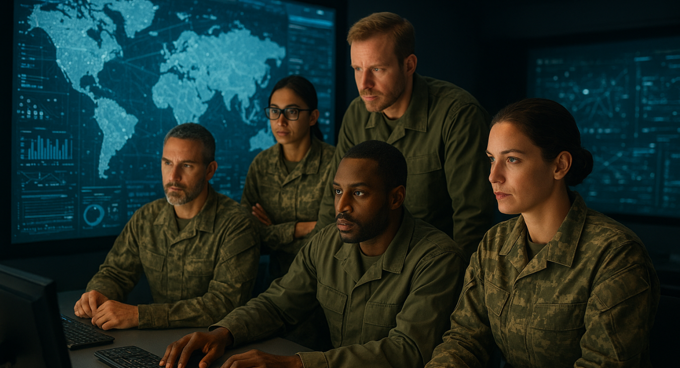 A diverse group of male and female military analysts intensely studying glowing digital screens with complex statistical maps and data charts in a modern command center.
