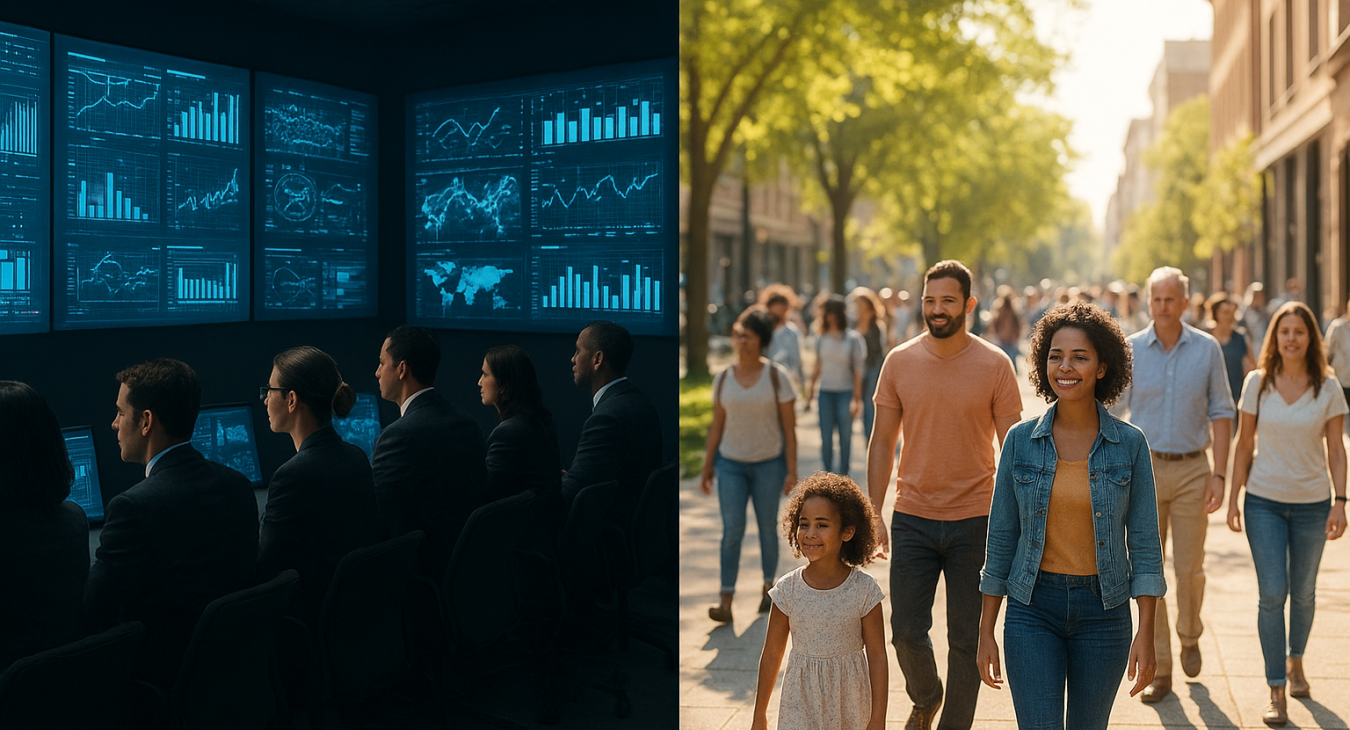 A wide photorealistic landscape shot showing a stark contrast between a dimly lit government command center with diverse professionals analyzing glowing digital data screens and a vibrant, sun-drenched outdoor scene.