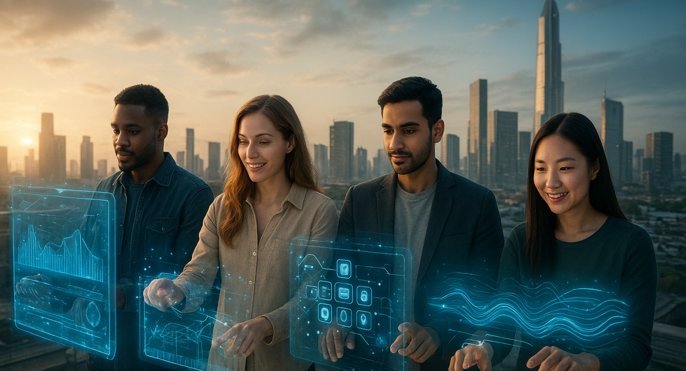 A photorealistic landscape of a diverse group of people interacting with glowing holographic interfaces and data streams transitioning from analog waves into mobile network connections.