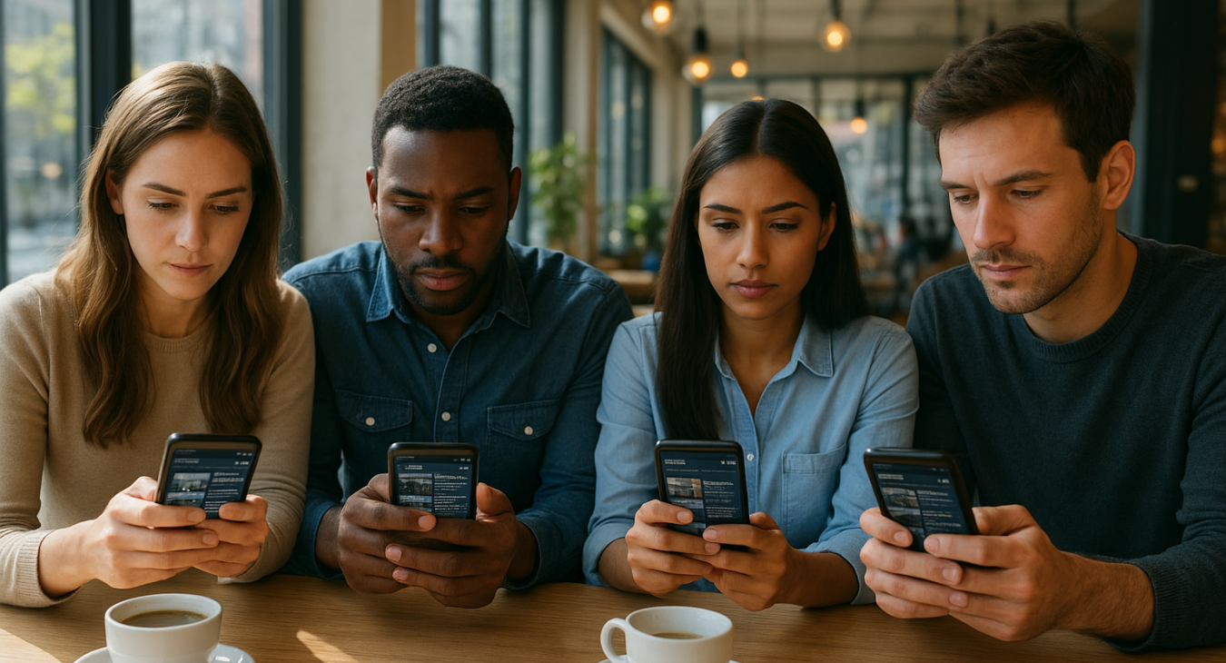 A diverse group of people in a sunlit, modern metropolitan cafe, all looking intently at their smartphones which display a sleek, professional news application interface.