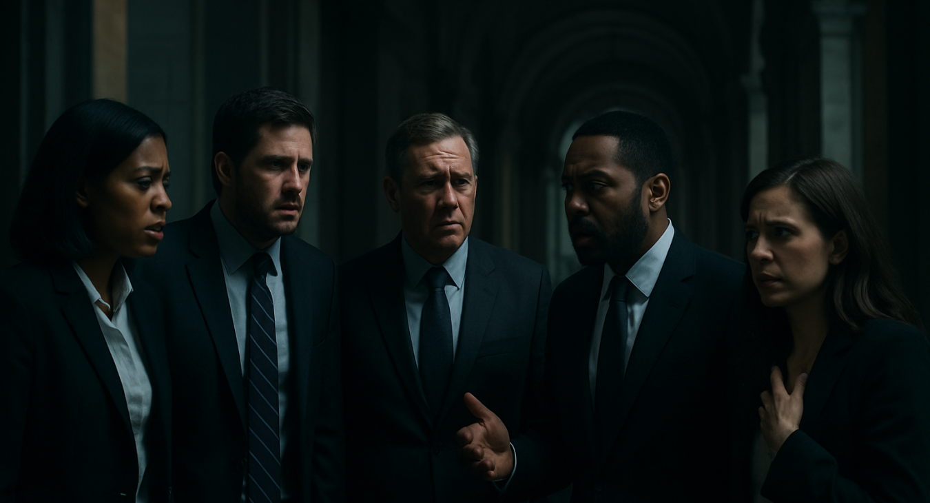 A high-quality photorealistic shot of a diverse group of men and women in formal business attire standing in a dimly lit, grand government corridor, looking anxious and serious while discussing urgent matters.