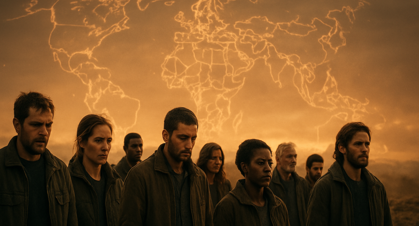 A cinematic, wide-angle landscape shot of a diverse group of men and women standing in a somber, contemplative mood against a dramatic, dusty horizon with a blurred, glowing geopolitical map overlay.
