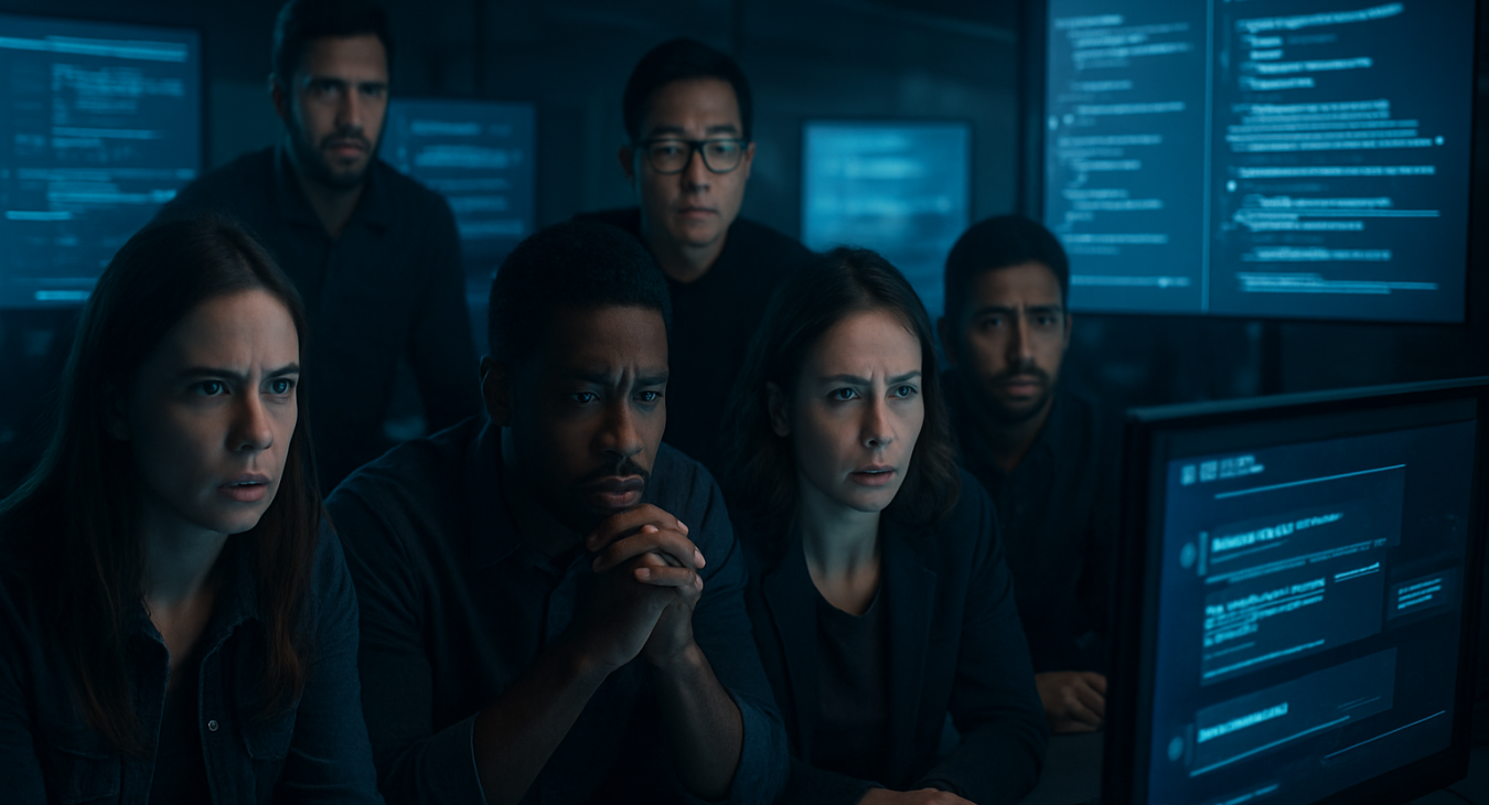 A cinematic, wide shot of a diverse group of people in a dim, modern digital agency, their faces lit by the blue glow of screens displaying lines of code and chat windows.