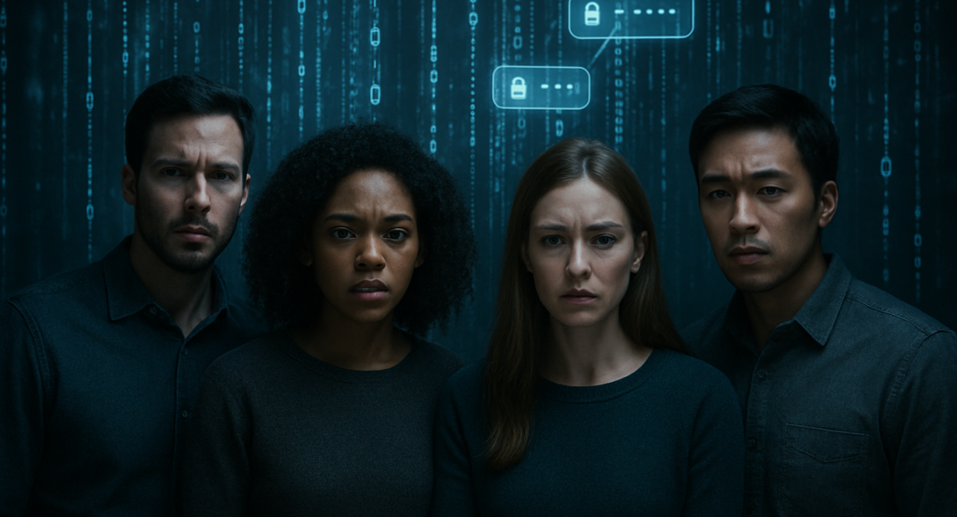 A diverse group of concerned men and women staring at glowing, floating digital data streams and encrypted chat bubbles in a dark, futuristic cyberspace environment.