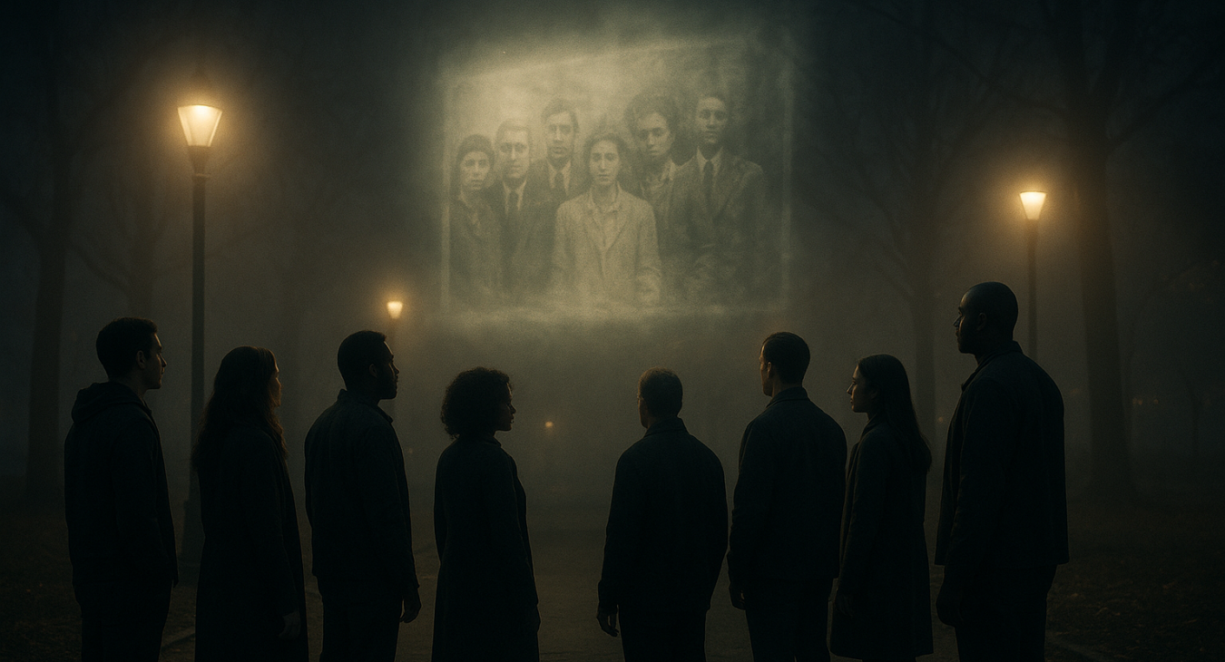 A cinematic, photorealistic shot of a diverse group of people standing in a misty urban park under dim streetlights, somberly gazing at a glowing, ethereal projection of a faded photograph floating in the air.