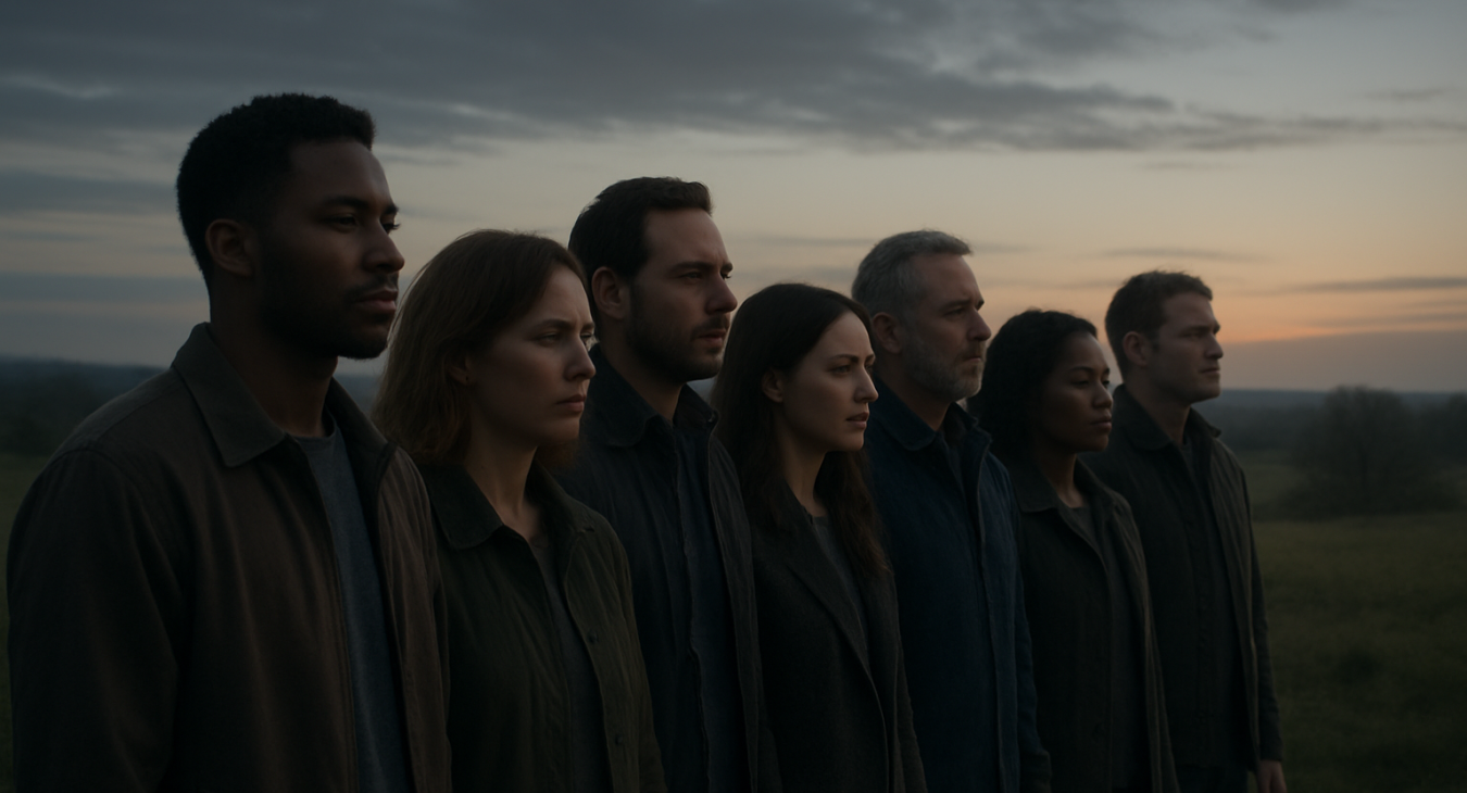 A diverse group of men and women standing together in a somber, respectful atmosphere, looking toward a distant horizon under a soft, melancholic twilight sky.