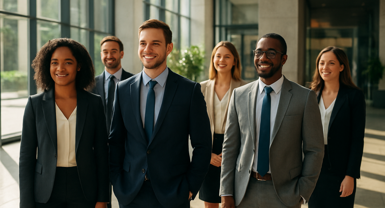 A diverse group of professional men and women standing in a sunlit, modern corporate lobby during a networking event.