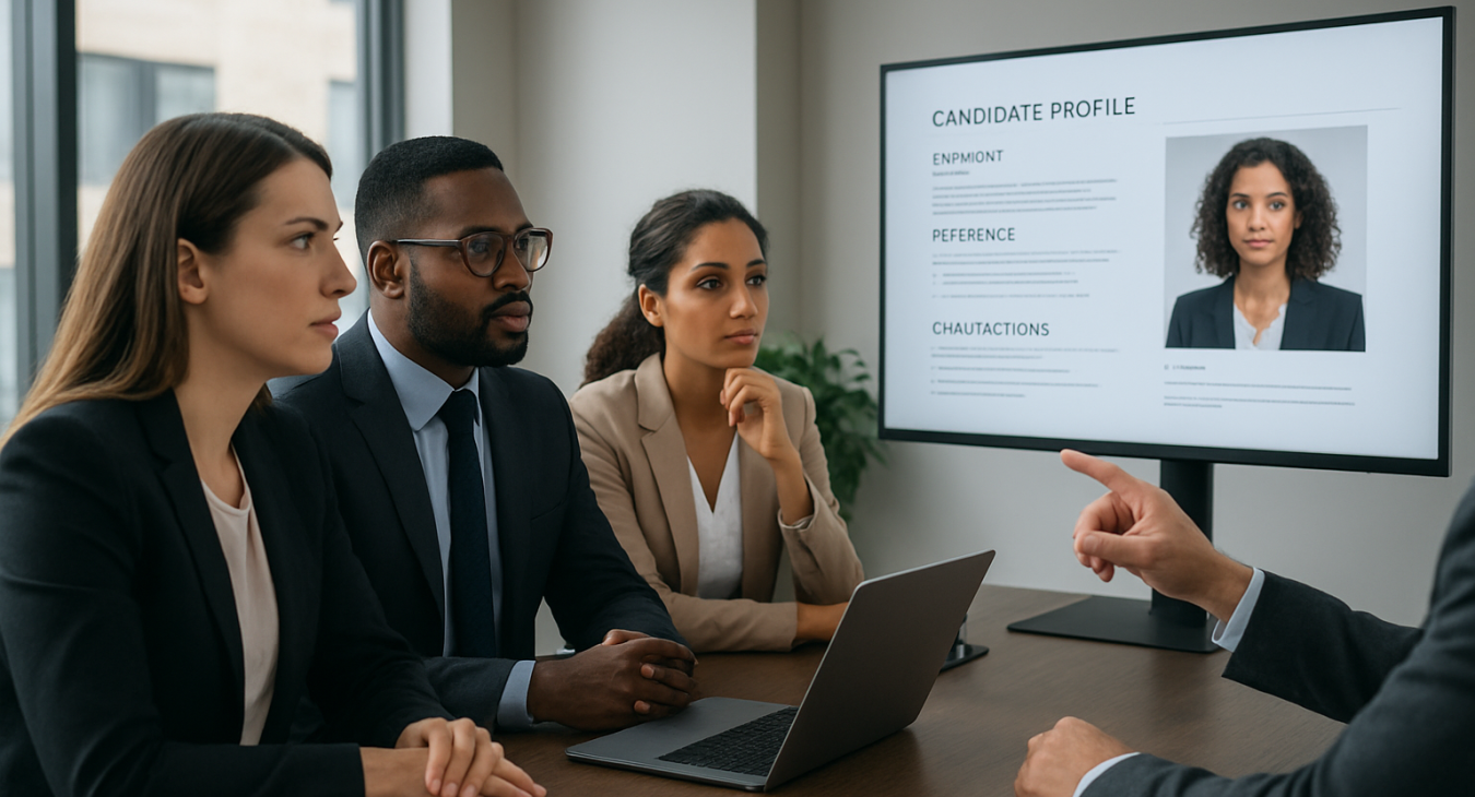 A diverse group of professional men and women in a modern office setting, looking thoughtfully at a digital screen during a formal recruitment interview.