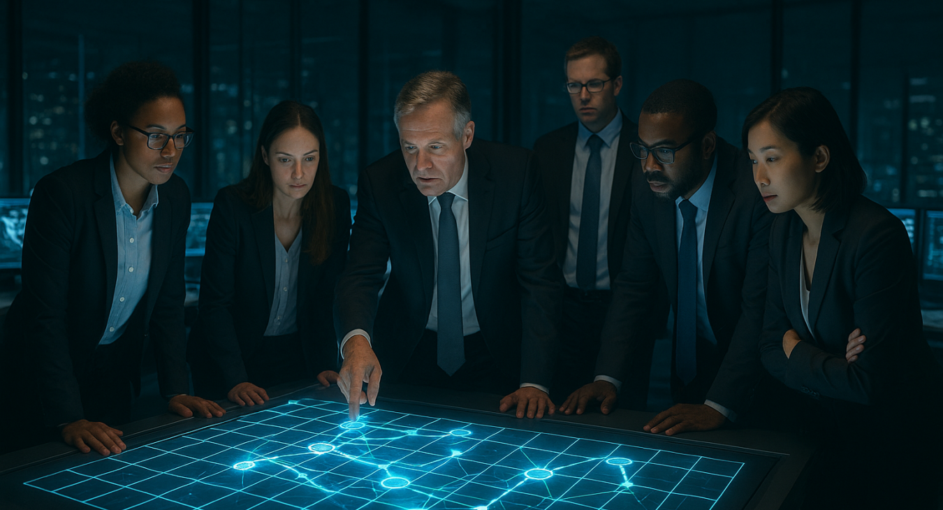 A high-quality photorealistic wide landscape shot of a diverse group of male and female geopolitical analysts in a modern, glass-walled command center, intensely studying a large, glowing holographic chessboard displaying glowing map nodes and strategic information.
