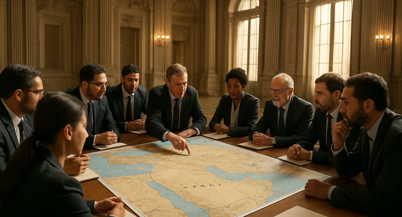 A high-quality photorealistic landscape of a tense diplomatic summit in a sunlit grand hall, where a diverse group of professionals engage in intense discussion around a large map of the Middle East.