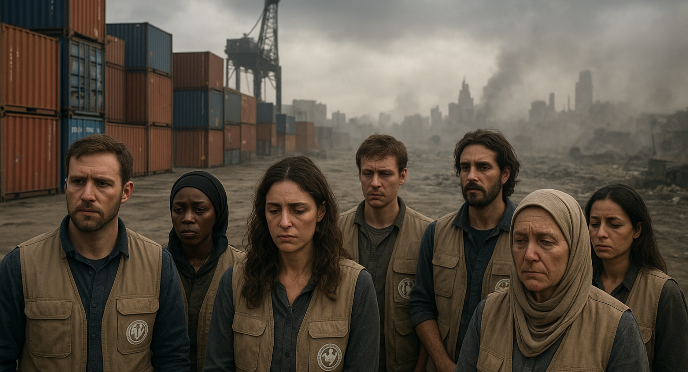 A photorealistic landscape showing a gritty, industrial logistics hub with shipping containers in the foreground, contrasting with a somber, hazy silhouette of a distant war-torn city and a diverse group of men and women.