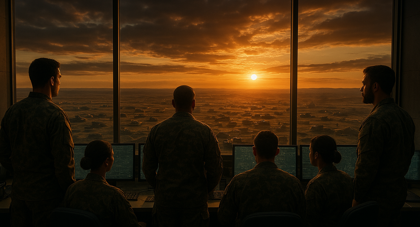 A cinematic, photorealistic view of diverse male and female military strategists in a command center, observing a vast, sprawling global military deployment through a large glass window.