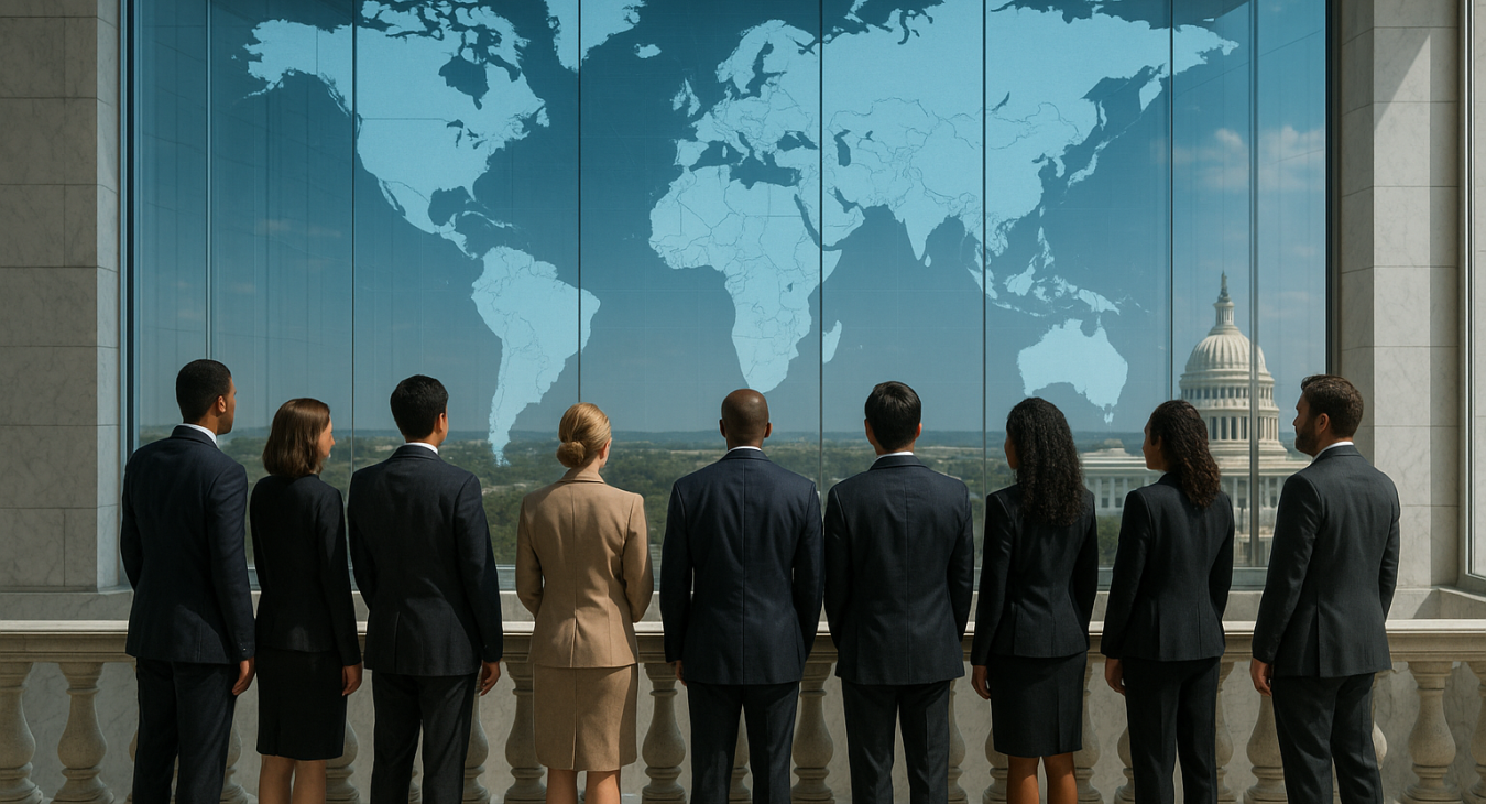 A photorealistic landscape shot of a diverse group of male and female diplomats standing on a marble balcony overlooking a world map projected onto a modern glass wall in a Washington D.C. office, symbolizing a shifting global strategic landscape.