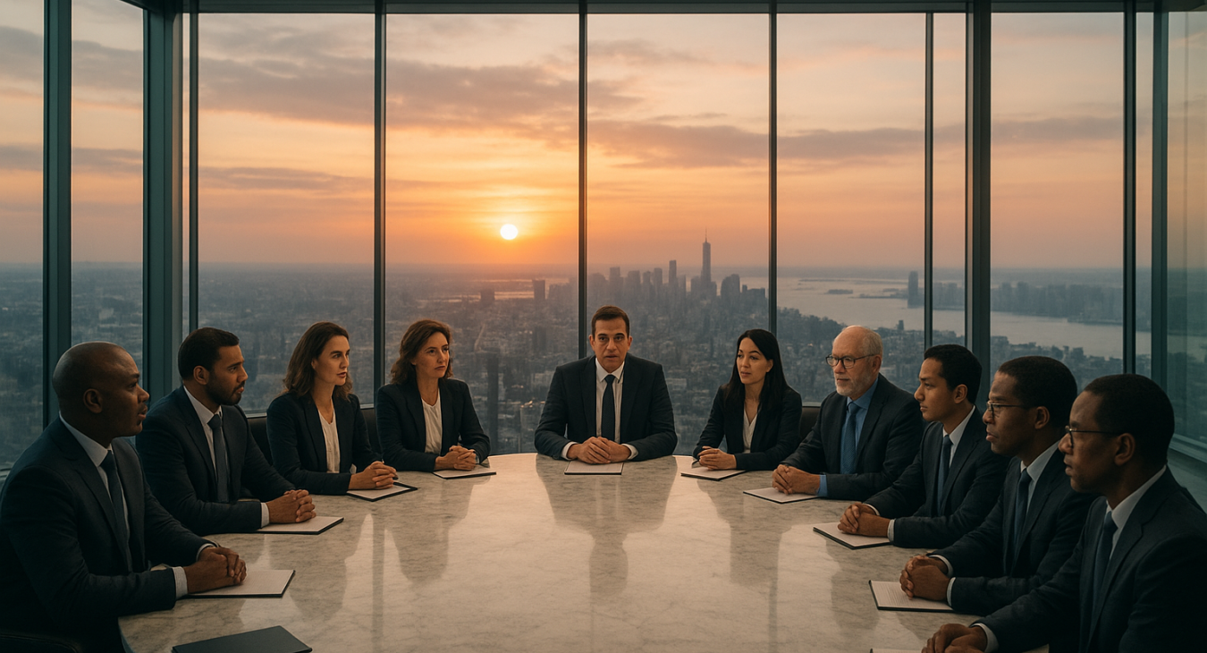 A diverse group of male and female diplomats seated around a large marble table in a modern glass-walled summit hall overlooking a distant skyline at sunset.