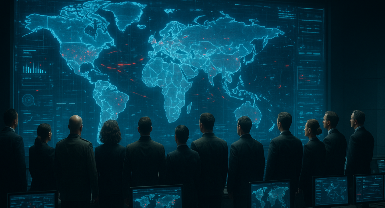 A cinematic wide shot of a high-tech global command center with diverse military strategists and officials standing before massive holographic world map screens.