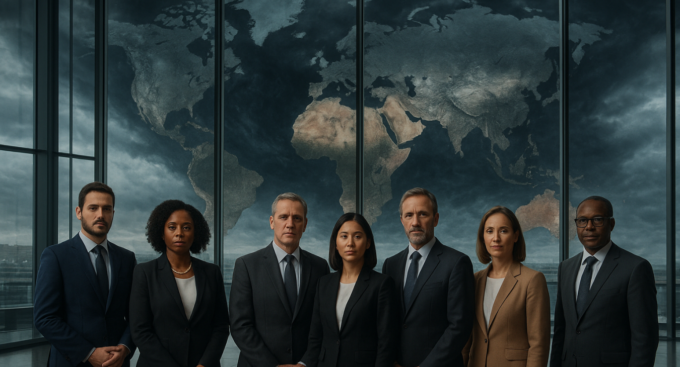 Diverse diplomats standing in a glass-walled international summit hall overlooking a dramatic, storm-swept global map symbolizing shifting geopolitical tensions and economic uncertainty.