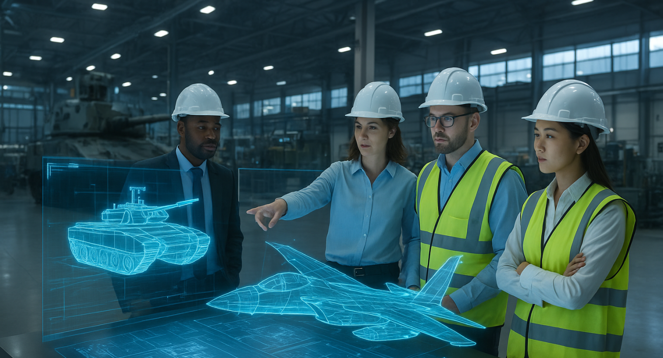 A wide-angle, photorealistic view of a high-tech military manufacturing facility where diverse male and female engineers in safety gear review large holographic blueprints of advanced technology.