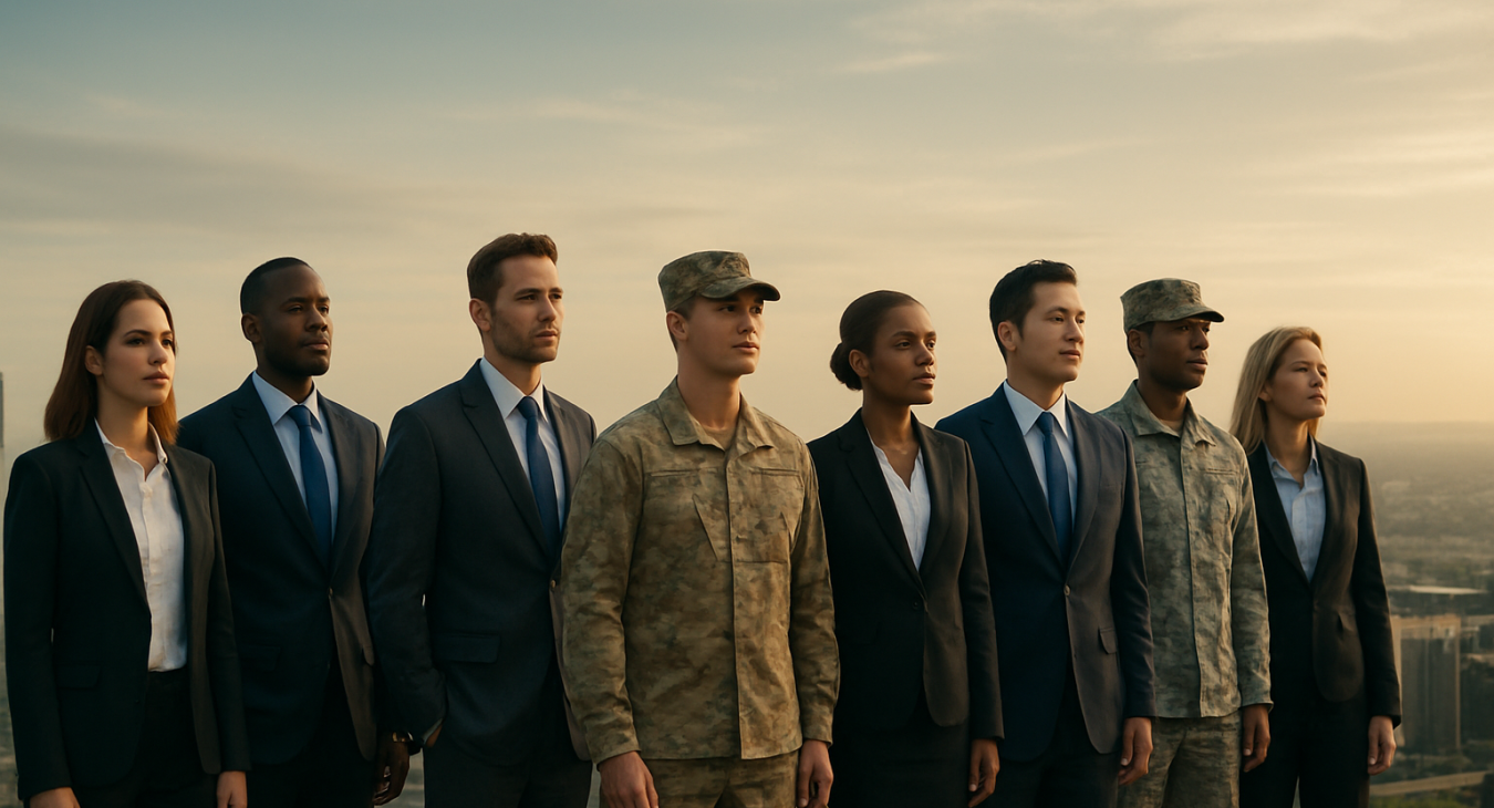 A diverse group of professionals in business attire and military uniforms standing together, overlooking a modern skyline and distant horizon, symbolizing global security and strategic planning.