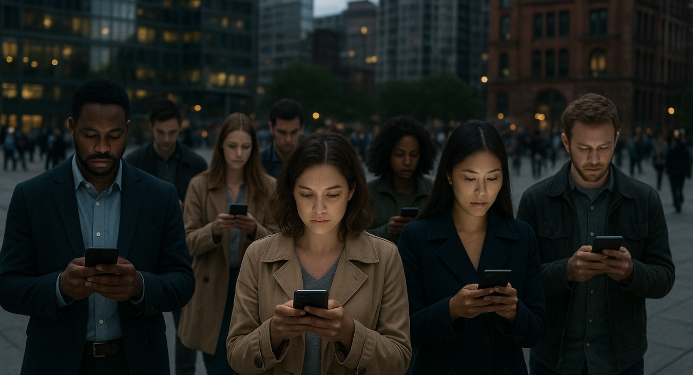 A photorealistic landscape of a diverse group of people in a busy urban plaza, all looking down at glowing smartphone screens, symbolizing digital disconnection.