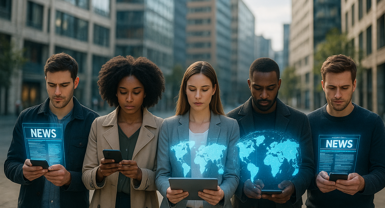 A diverse group of people in a modern urban setting looking at smartphones and tablets, with glowing holographic news feeds and global maps emerging from their screens.