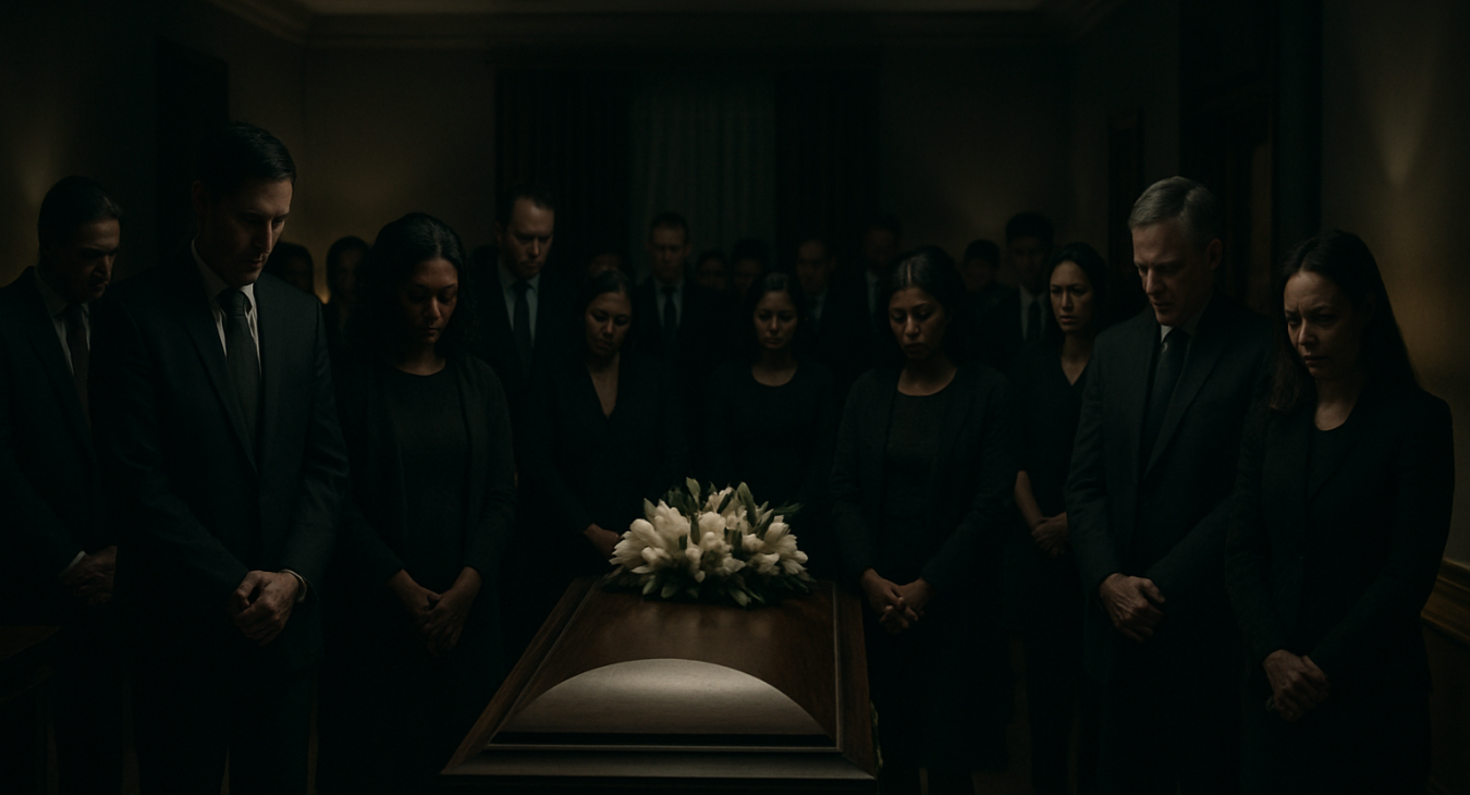 A somber, dimly lit funeral home interior where a diverse group of people stand in quiet reflection, captured with cinematic lighting and deep shadows.