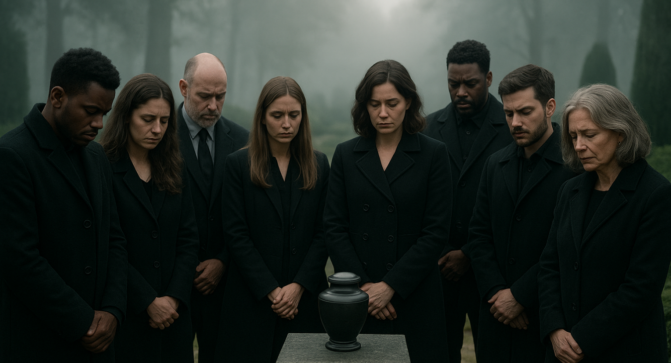 A cinematic, photorealistic shot of a diverse group of grieving men and women standing in a misty memorial garden, looking down in sorrow at an elegant urn on a stone pedestal.