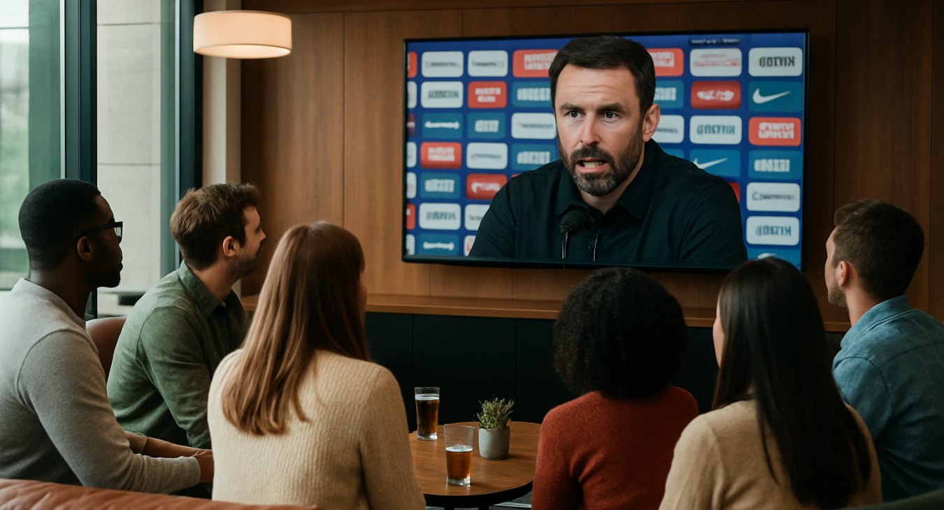A diverse group of men and women watching a football manager on a television broadcast in a brightly lit, modern sports lounge.