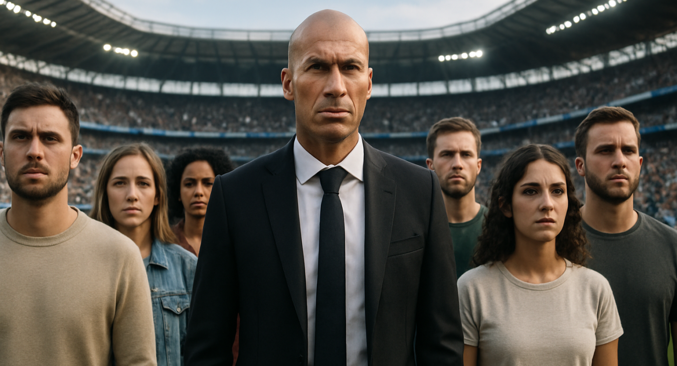 A diverse group of men and women standing intensely in a modern football stadium, looking towards a legendary leader resembling Zinedine Zidane.
