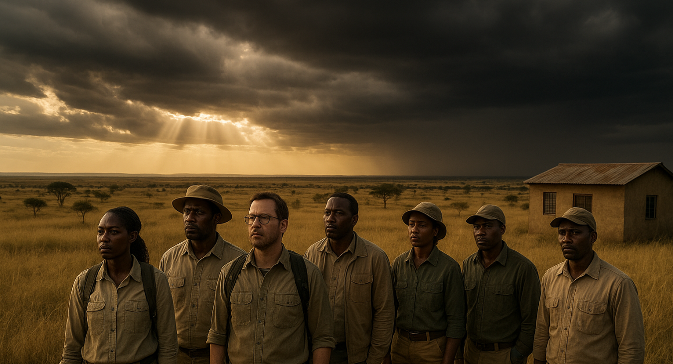 A photorealistic landscape of a sun-drenched Kenyan savanna, where a diverse group of male and female African scientists and local officials in field gear stand near a remote outpost, looking somberly toward the horizon.