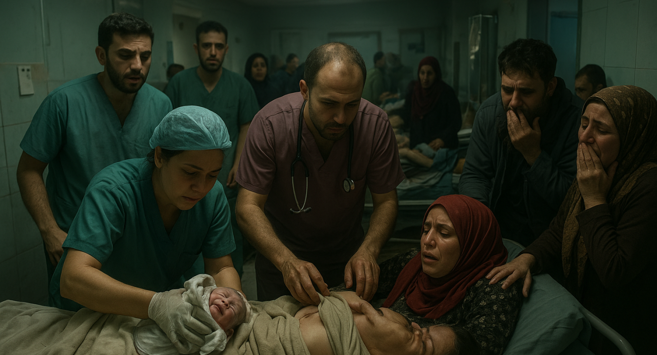 A high-quality photorealistic landscape shot of a dimly lit, crowded maternity ward in Gaza, where exhausted female doctors and male medical staff work urgently alongside emotional families to care for newborn mothers.