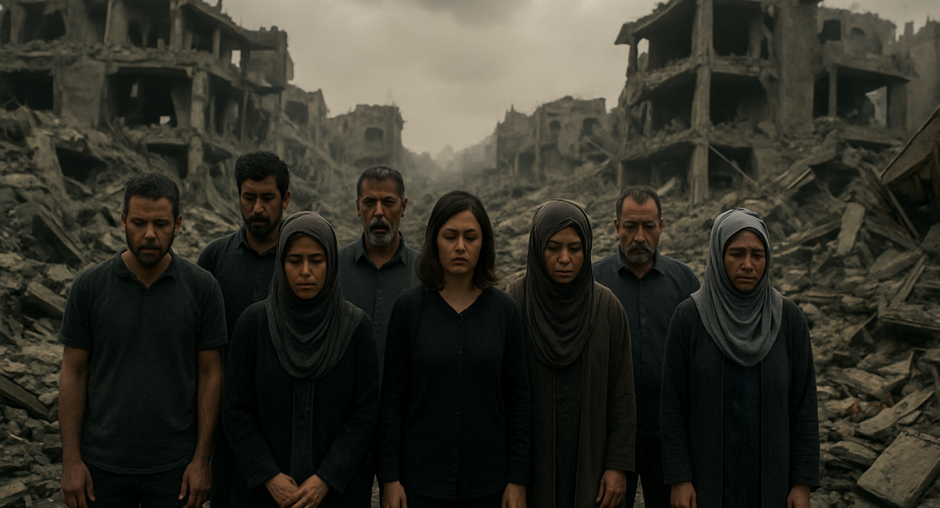 A diverse group of men and women standing solemnly amidst the rubble and ruins of broken buildings in Gaza, their faces expressing profound grief under a somber, hazy sky.