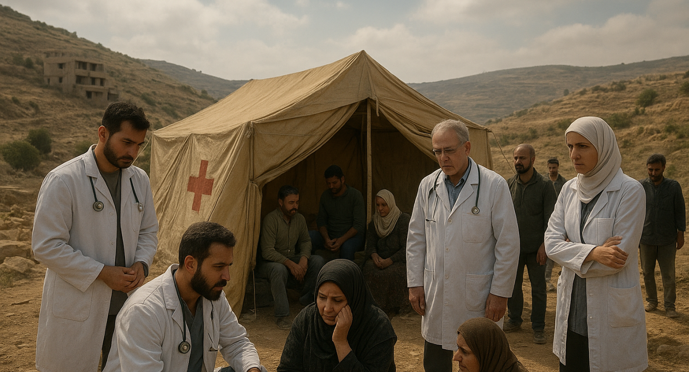 A wide-angle, photorealistic shot of a makeshift medical tent in the West Bank hills, where a diverse group of male and female doctors and patients gather with somber urgency amidst a crumbling healthcare setting.