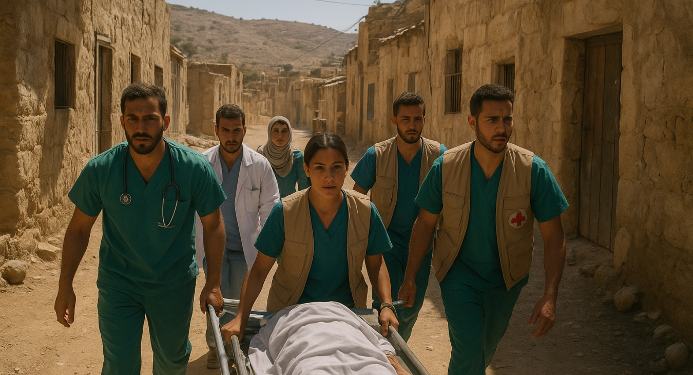 A photorealistic wide shot of medical workers in scrubs and vests urgently transporting a patient through a dusty, narrow village street in a sun-drenched, rugged West Bank landscape.