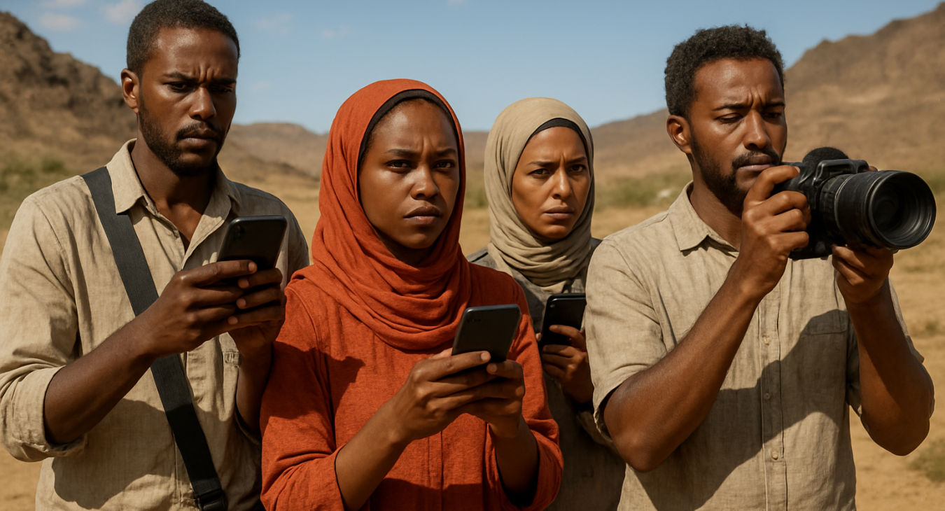 A diverse group of men and women in a sun-drenched, rugged landscape in North Darfur, using smartphones and cameras with determined expressions to document their surroundings.