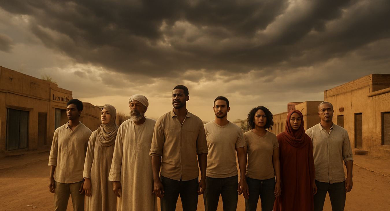 A photorealistic landscape of a diverse group of men and women standing in the dusty, sun-drenched streets of El Fasher, Darfur, looking toward a vast horizon under a dramatic sky.