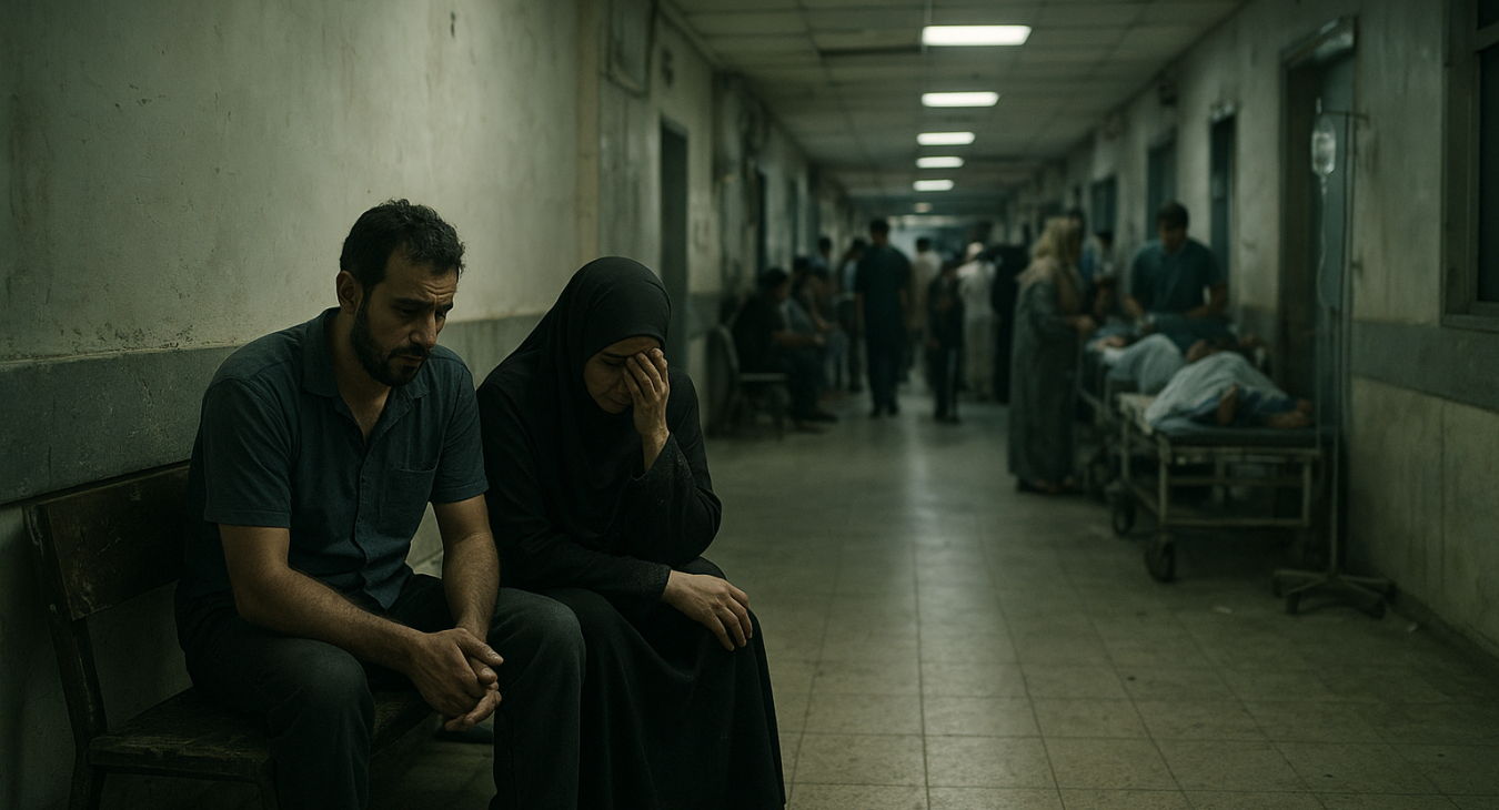 A wide-angle, photorealistic view of a dim, crowded hospital corridor in Gaza, featuring a distraught man and a grieving woman sitting together on a worn bench amidst shadows and medical chaos, conveying a silent atmosphere of profound sorrow.