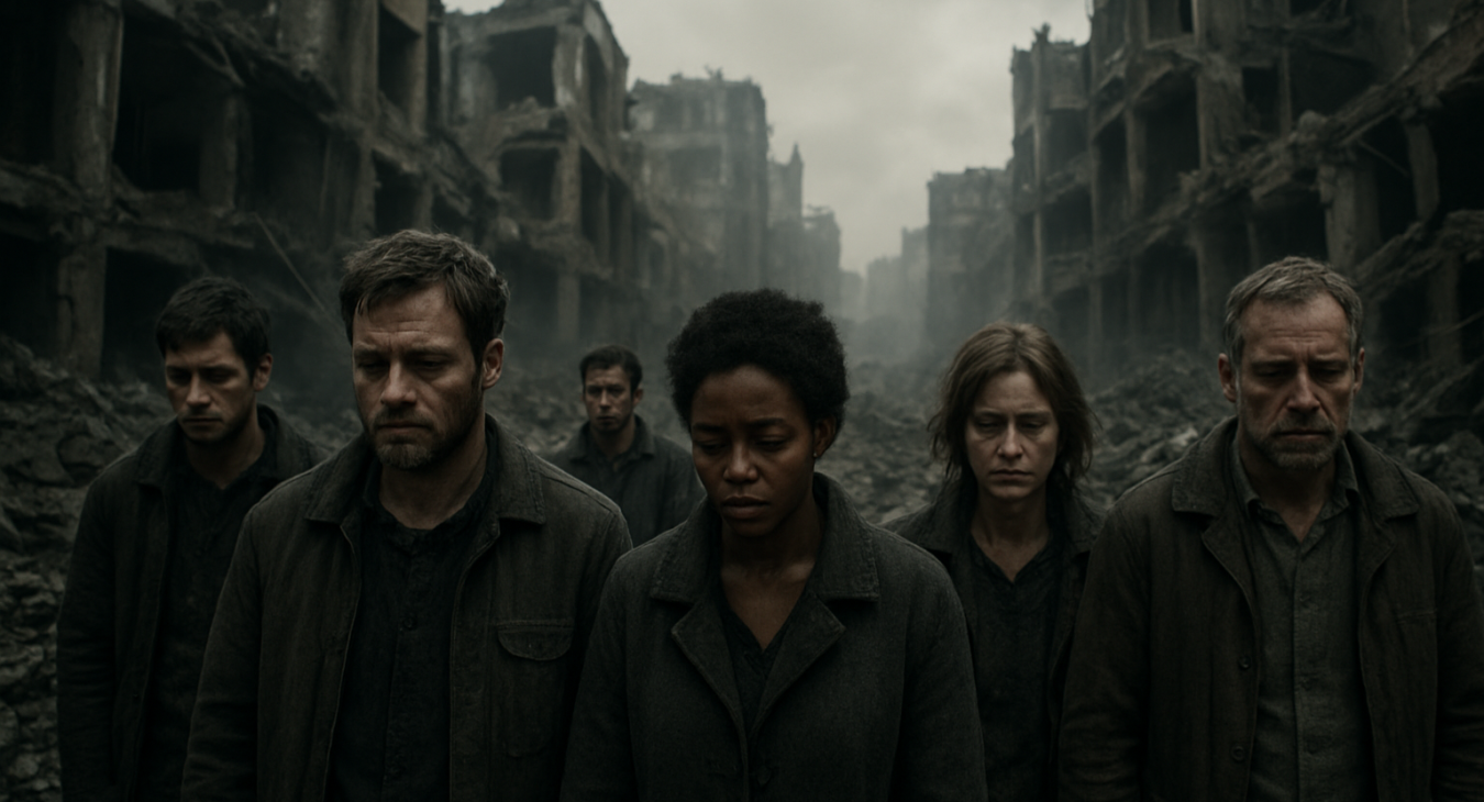 A photorealistic landscape of a devastated urban environment in ruins, with a diverse group of men and women standing among collapsed buildings, their faces expressing sorrow and exhaustion.