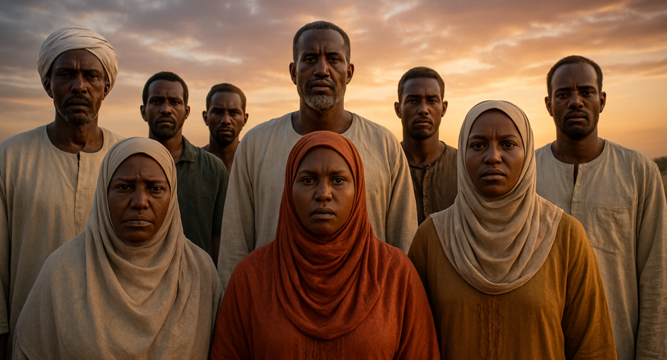 A photorealistic landscape shot of a diverse group of Sudanese men and women standing together in a solemn, powerful assembly, their expressions showing resilience as they prepare to share their testimonies under soft, dramatic lighting.