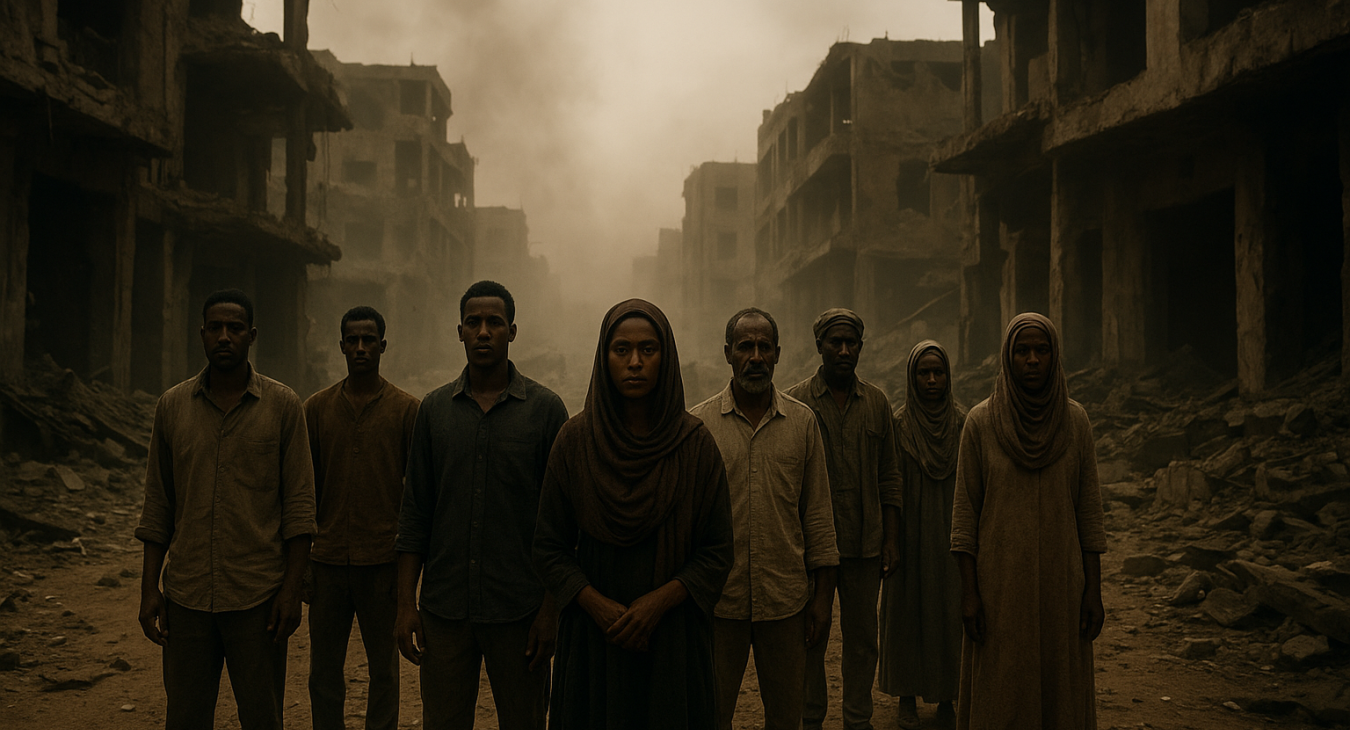 A cinematic, wide landscape of a dusty, war-torn Sudanese city with people standing among the ruins of buildings under a somber atmosphere.