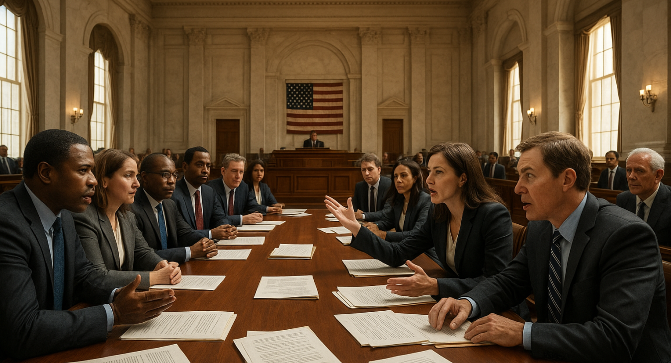 A wide-angle, photorealistic shot of a diverse group of professionals in formal attire engaged in an intense debate around a large mahogany table in a grand, sunlit Washington D.C. congressional hall.