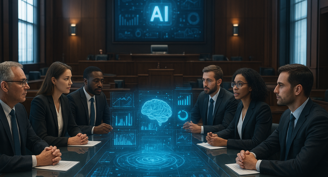 A diverse group of professionals in formal attire sitting around a sleek, futuristic glass table in a high-tech legislative chamber, discussing glowing holographic AI data visualizations.