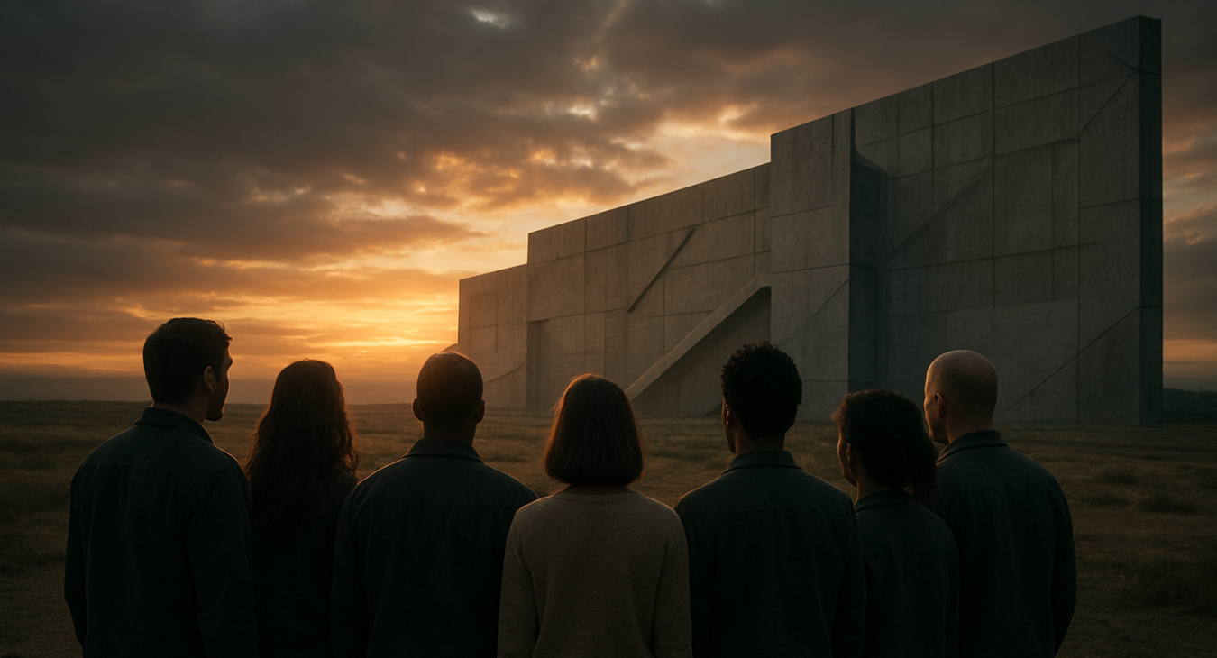 A high-quality photorealistic landscape shot of a diverse group of men and women standing together in a somber, cinematic setting, looking towards a distant horizon where a structural wall meets a soft landscape.