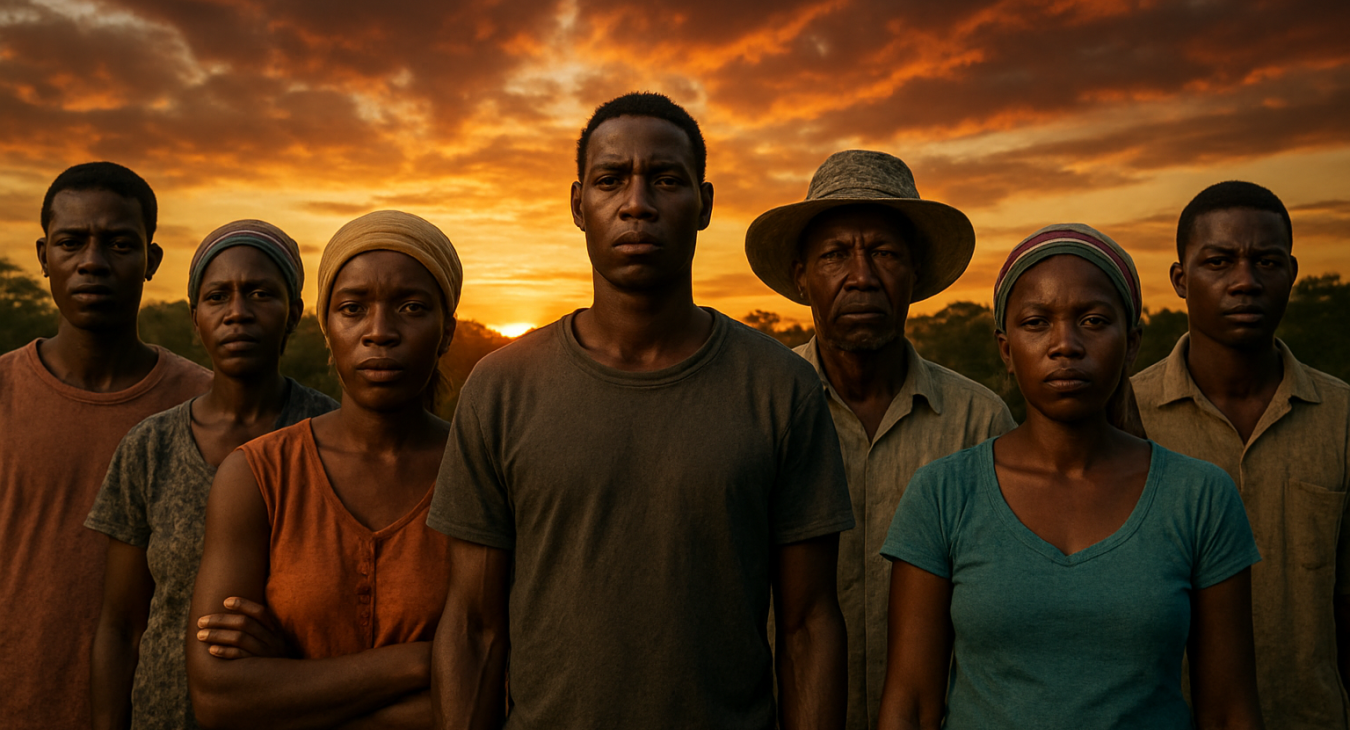 A photorealistic landscape of a diverse group of Haitian men and women with resilient expressions standing together against a dramatic sunset.
