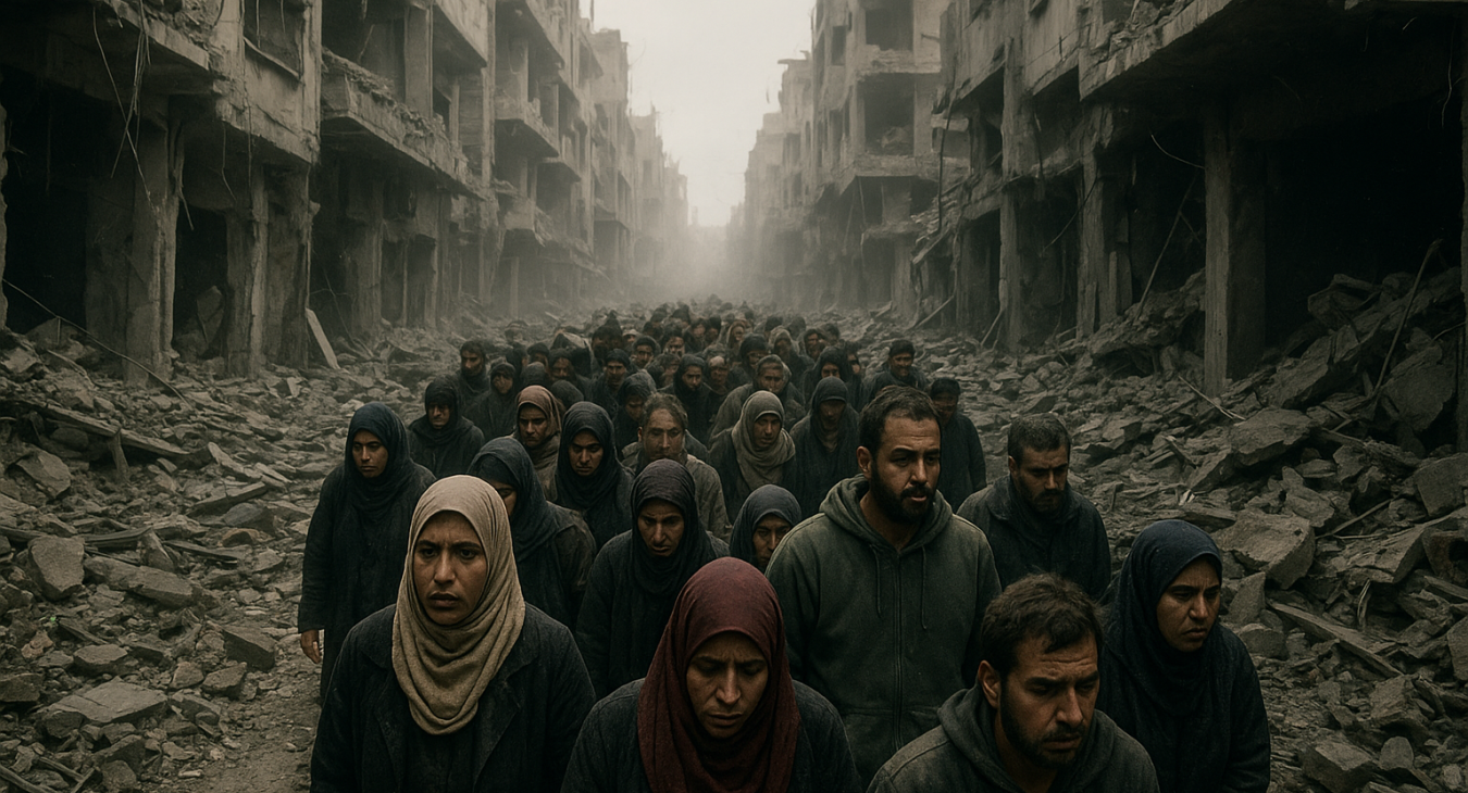 A photorealistic landscape photograph of a diverse group of men and women huddling together on a debris-strewn urban street in Gaza, surrounded by crumbling concrete buildings and dust-covered ruins.