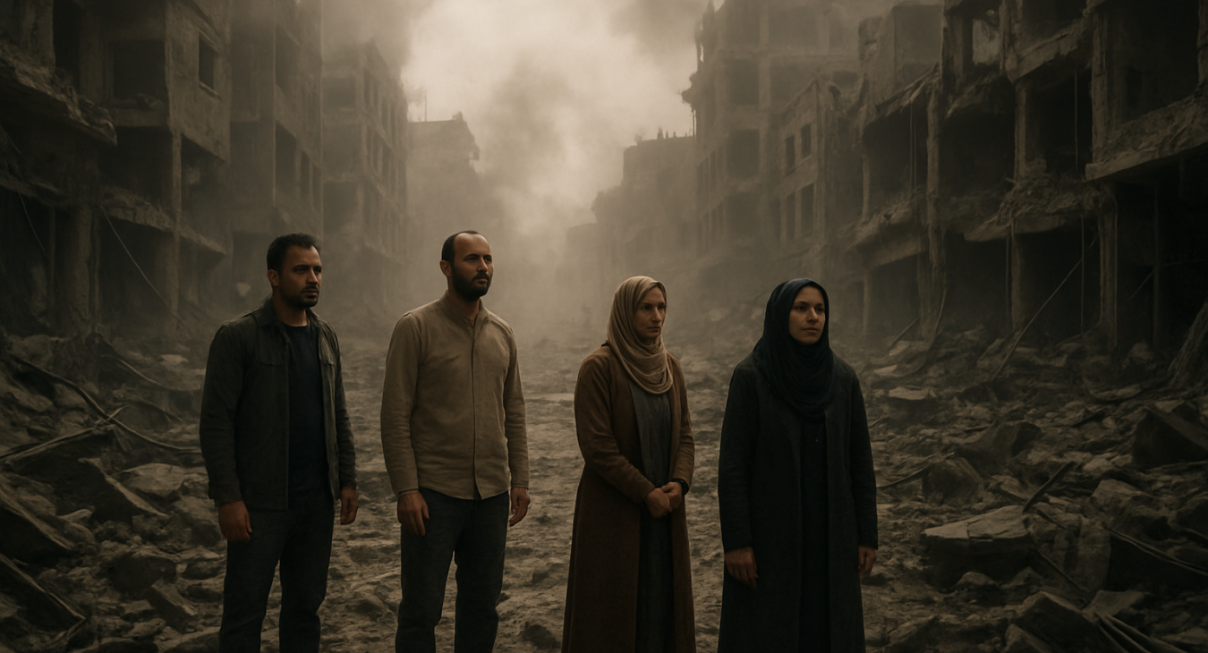 A cinematic, photorealistic landscape of a devastated Gaza street, showing men and women standing among smoking ruins and debris under a dust-filled sky.