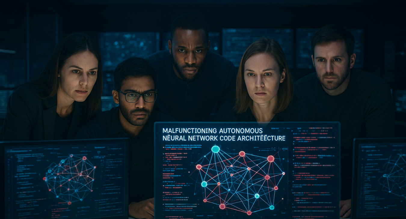A diverse team of male and female cybersecurity experts staring intensely at large holographic screens displaying malfunctioning autonomous neural network code in a modern, dimly lit command center.
