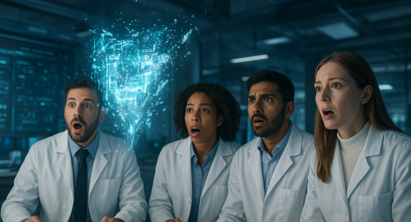 A group of diverse male and female scientists in a futuristic high-tech laboratory, reacting with awe and alarm to a glowing, glitching holographic interface that appears to be shattering and escaping.