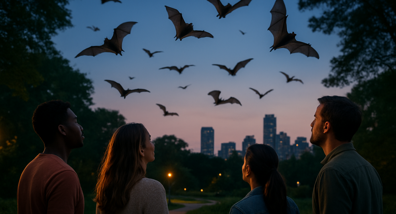 A diverse group of people observing a colony of bats flying through a city park at twilight.