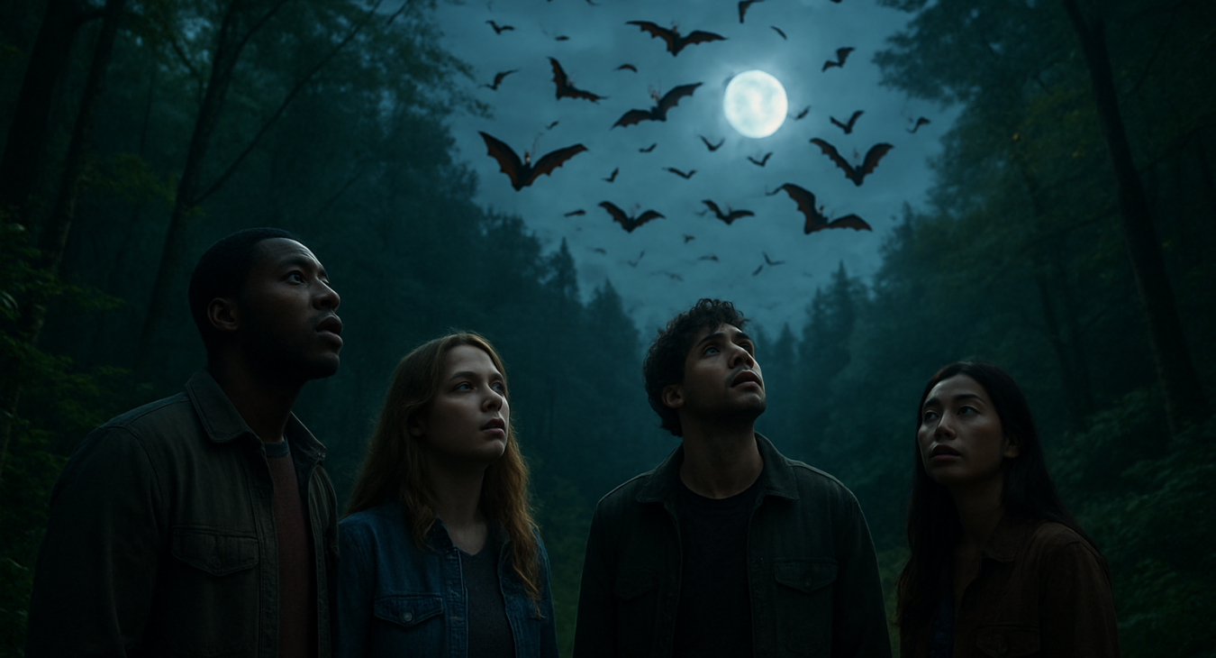 A diverse group of men and women standing in a lush, twilight forest, looking up in curiosity at a swarm of bats flying gracefully through a moonlit sky.