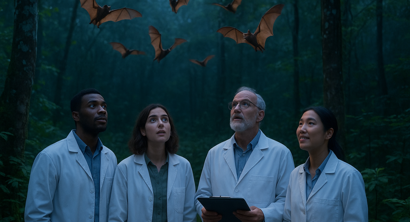 A group of diverse male and female scientists in a lush, twilight forest observing a colony of fruit bats flying gracefully through the trees with curiosity.